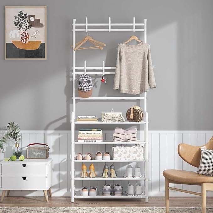 UDEAR Entryway Coat Rack - Large Space, 5-Tier Shoe Storage, Hanging & Storage, 15-20 Pairs, Multifunctional White Hanger