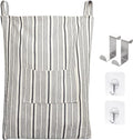AELS Farmhouse Hanging Laundry Hamper with 2 Hooks, Washable Beige & Black Stripes Laundry Bag with Zipper & Wide Open Top, Over the Door Organizer for Dirty Clothes, Space Saving Storage