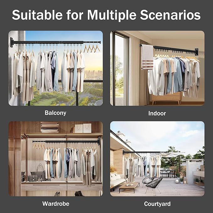 Wall Mounted Clothes Drying Rack, Collapsible Laundry Drying Rack, Retractable Foldable Drying Rack Clothing for Hanging Clothes,Black-Rings