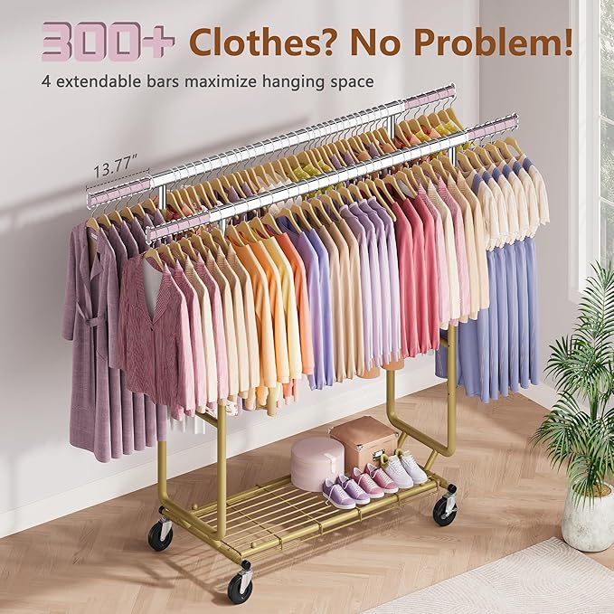 Hoctieon 2-Minute Assembly Double Rod Clothes Rack, Heavy Duty Rolling Clothing Racks with Wheels, Foldable Commercial Garment Rack, Extendable Hanging Bar, Adjustable Metal Pole with Hooks, Gold