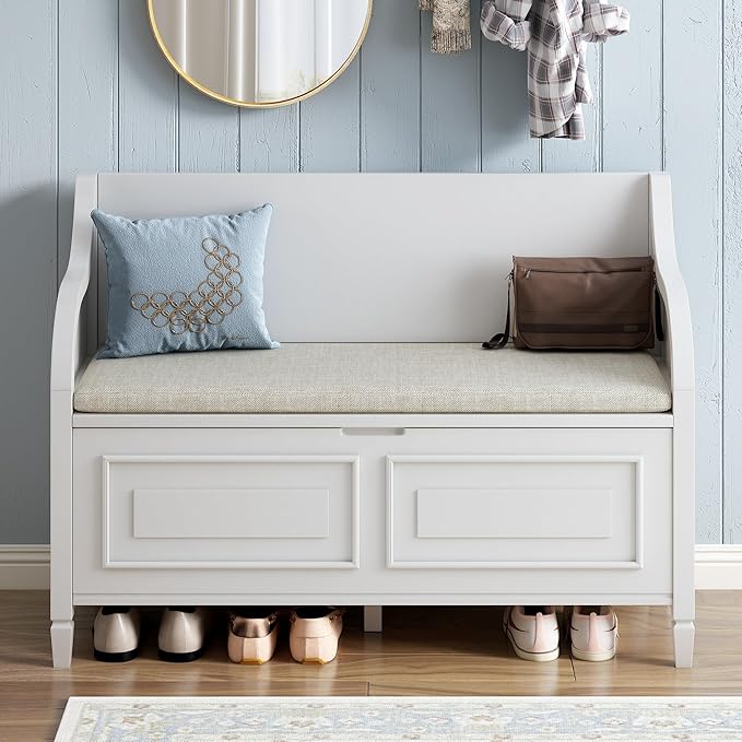 42" Rustic Storage Bench Entryway Bench Shoe Cabinet Ottoman with Safety Hinge, Removable Seat Cushion & Hidden Storage Space for Hallway Entryway Living Room Mudroom End of Bed (White)