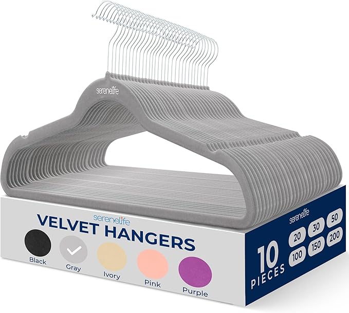 SereneLife 10 Pcs Grey Velvet Hangers – Premium Non-Slip Heavy Duty, 10 lb Capacity, Ultra-Thin Closet Organizers, with Space-Saving Design, Durable Metal Swivel Hook for Clothes Suits Dresses Tops