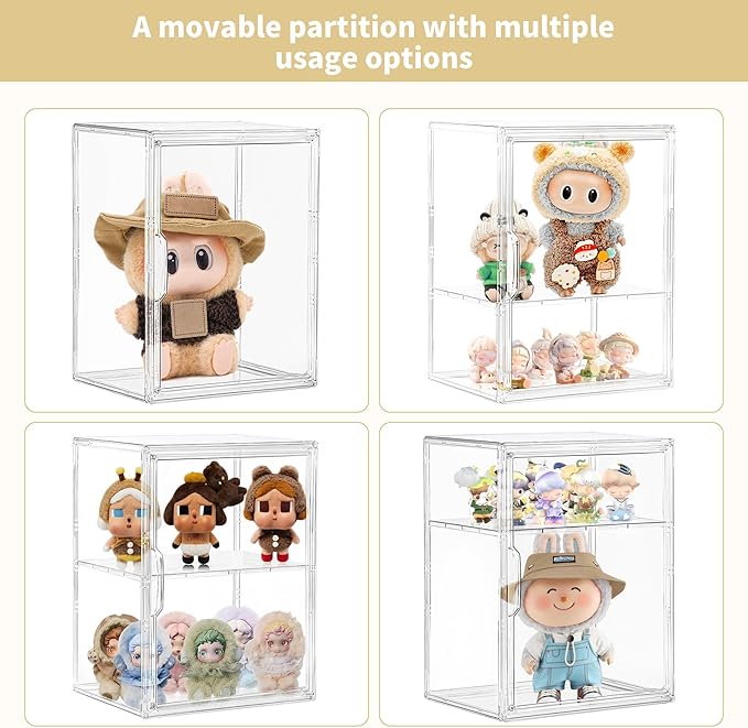 Acrylic Display Case for Collectibles, Clear Storage Bin with 3 Adjustable Layers and1 Removable Divider, Stackable Clear Storage Box with Magnetic Door for Figures, Home or Office,Large,2Pack