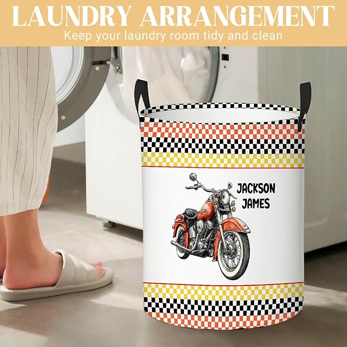 Personalized Motorcycle Laundry Basket, Custom Laundry Hamper With Name Gifts For Kids Baby Adults, Collapsible Dirty Clothes Storage Organizer With Handles S 16.5 X 13.8in