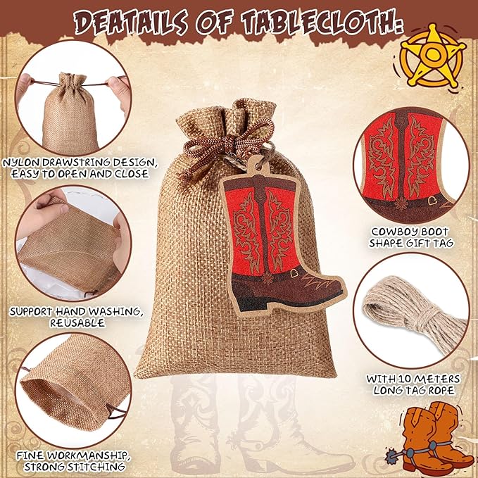 Mooliwe 50 Pcs Burlap Drawstring Bags with Boot Shape Tags, Western Cowgirl Gift Sacks Bulk 4 x 6 Inches Reusable Burlap Candy Pouch for Bachelorette Cowboy Baby Shower Wedding Party Favor(Red Blue)