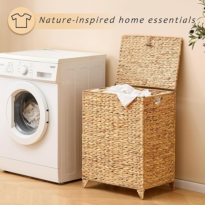 Handwoven Laundry Hamper with Lid, Natural Hyacinth Heightened Feet Laundry Basket, Wicker Clothes Hamper with Removable Liner Bag (Natural, 90L)