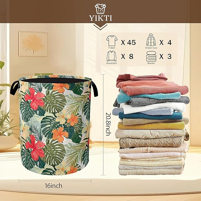 Tropical Palm Leaves Laundry Basket,Summer Flowers Clothes Hamper,Oxford Cloth Collapsible Nursery Hamper Storage Organization for Bedroom,Bathroom,Office,College Dorms,16x20 Inch