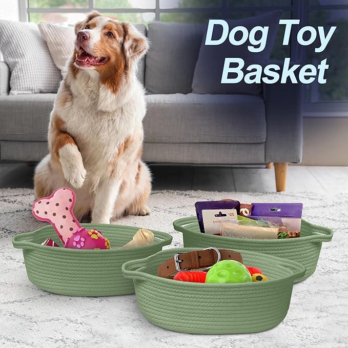Green Woven Basket, 13" x 9" x 5" Baskets for Gifts Empty, Cute Cotton Rope Cat Dog Toy Bin Box, Small Woven Bin for Organizing, Green Room Decor, Nursery Baby Cloth Diaper Storage Organizer