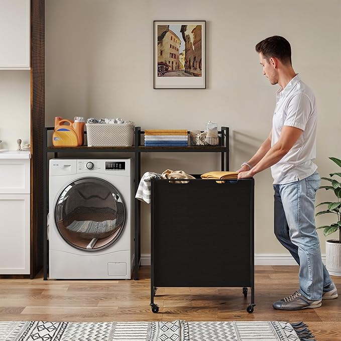 DWVO Over Washer and Dryer Shelves, Standing Shelf with Wheels 68.7 Gal Rolling Laundry Hamper with Shelf/Hooks, Over Washer Storage Portable Laundry Cart Bathroom Organization, 55" H x 47.20" W