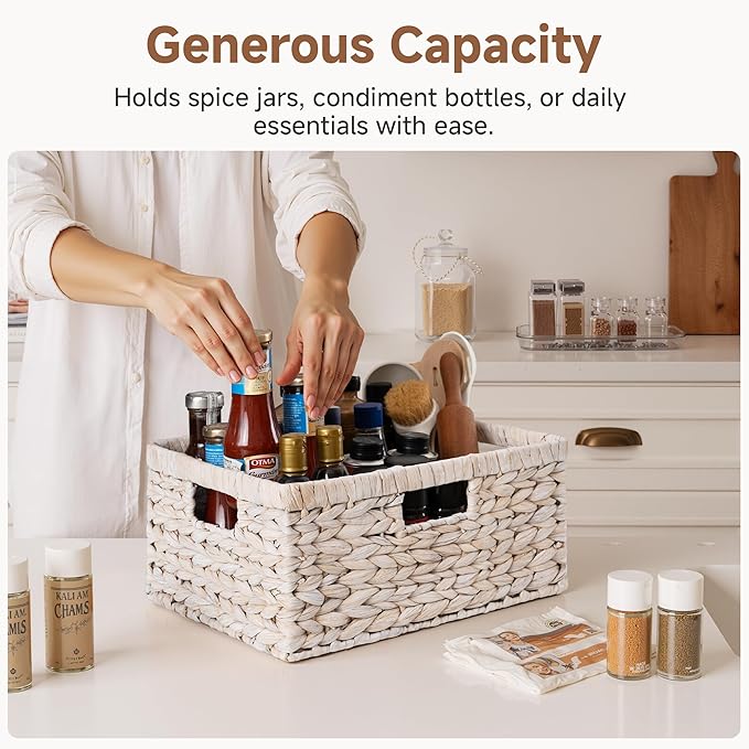 StorageWorks Pantry Baskets, Wicker Storage Baskets for Organizing, Bathroom Shelves, Pantry Organizers and Storage, Water Hyacinth, White