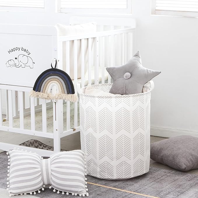 Sea Team 19.7 Inches Large Sized Waterproof Coating Ramie Cotton Fabric Folding Laundry Hamper Bucket Cylindric Burlap Canvas Storage Basket with Stylish Fishbone Grey Design