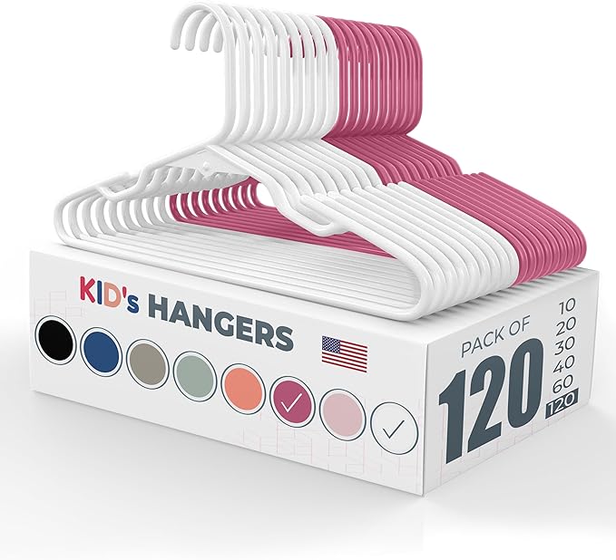 Neaties Plastic 12” Kids Hangers 100+ Pack (120 Count) – Made in The USA – 5lb Capacity Baby & Toddler Clothes Hangers with Notches & Reinforced Edges – Fits Children’s Sizes Up to 8 – White & Pink