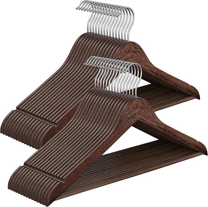 SONGMICS Wooden Hangers, Pack of 30, Coat Hangers, Pants Bar, 360° Swivel Hooks, Solid Birch Wood, Space Saving, for Jackets, Shirts, Coats, Walnut Brown UCRW030K02