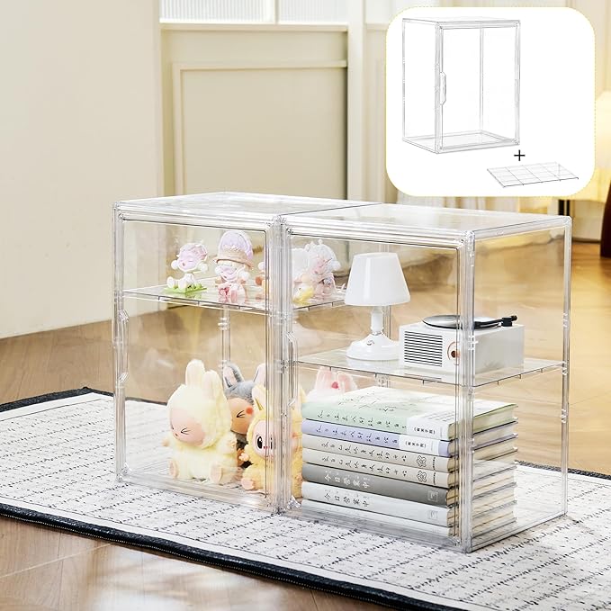 Acrylic Display Case with Removable Shelf, 2 Tier Clear Plastic Stackable Storage Bins with Magnetic Lids, Figure Display Case for Collectibles Cosmetic Acrylic Box, 4 Pack