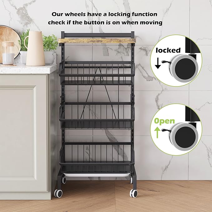 COVAODQ Fruit Basket 4 Tier Adjustable Fruit Vegetable Basket Cart Metal Wire Storage Cart Rolling Pantry Utility Kitchen Cart