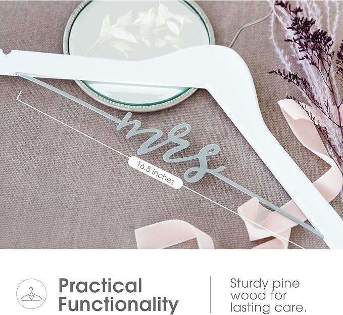 Pearhead Mrs. Wedding Dress Hanger, Wooden Bridal Gown Hanger with Cursive Wire Lettering, Wedding Photo Prop and Bridal Keepsake, White and Silver