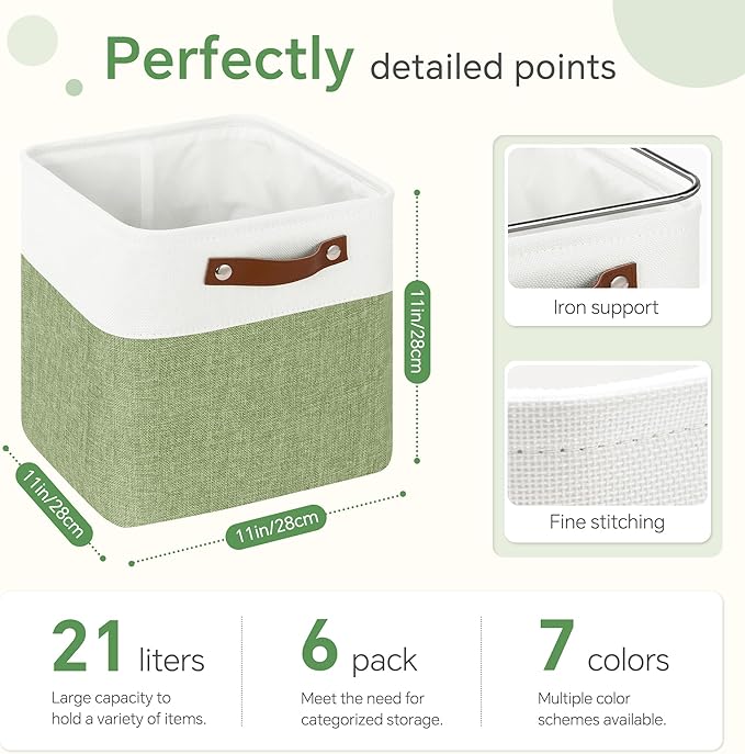 Cube Storage Baskets 6 Pack, 11x11 inch Cube Storage Bins with Leather Handles for Shelf Closet (White/ Green)