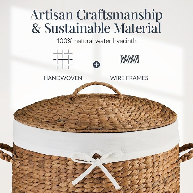 Best Choice Products Round Laundry Hamper w/Lid, Handwoven Laundry Basket, Built-in Handles & Removable Liner for Clothes, Towels, Blanket & Storage Organization - Chestnut