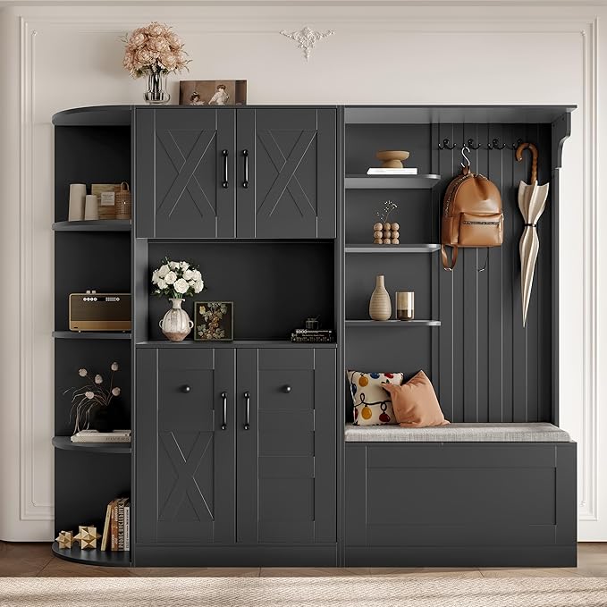 66" H Hall Tree with 4 Hooks, Open Shelving and Flip Hidden Shelf, Multifunctional Left-Right Combination Coat Rack (can be Used Separately), Entryway Bench for Living Room, Hallway