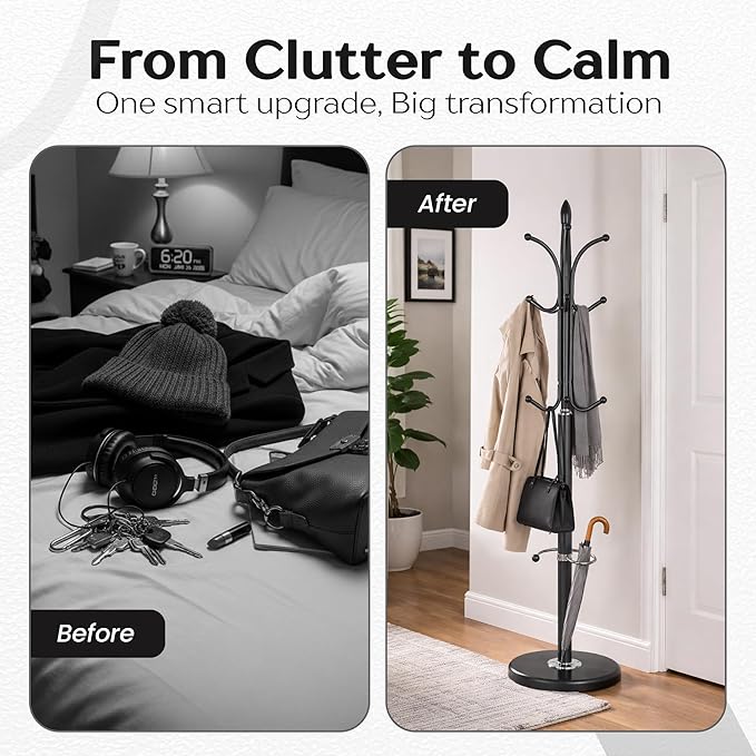 Modern Metal Coat Rack with Sturdy Natural Marble Base for Coat, Jacket, Hat, Cloths, Bags - Freestanding Coat Stand with 12 Hooks & Umbrella Holder for Entryway, Hallway, Corner, Office