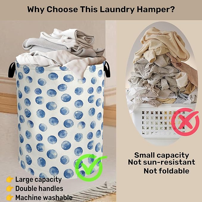 Blue Polka Dots Laundry Basket with Handles - Extra Large Foldable Hamper for Bathroom/Laundry/Bedroom/Dorm, Washable Fabric Storage Bin