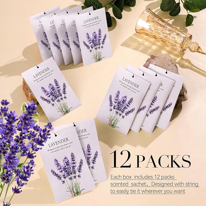 Lavender Scented Sachet Bags - 12 Pack Closet & Drawer Freshener, Long Lasting Odor Eliminator for Wardrobes, Cars & Storage, Home Fragrance Air Freshener Sachets
