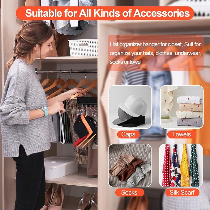 Hat Organizer Holder for Hanger & Room Closet, 1Pack Hat Rack Storage Clips, for Hang Baseball Hats Rack, Ball Caps, Winter Beanie & Accessories, Not Including Hangers & Hats (1PC Black)