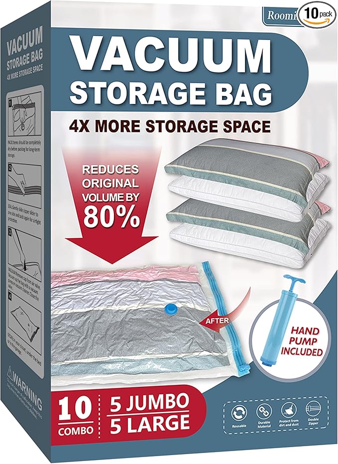 Vacuum Storage Bags, Vacuum Seal Space Saver Bags for Clothing, Travel Lugggage, Carry-on, Blankets, Comforters, Pillow, Bedding, 10 Combo