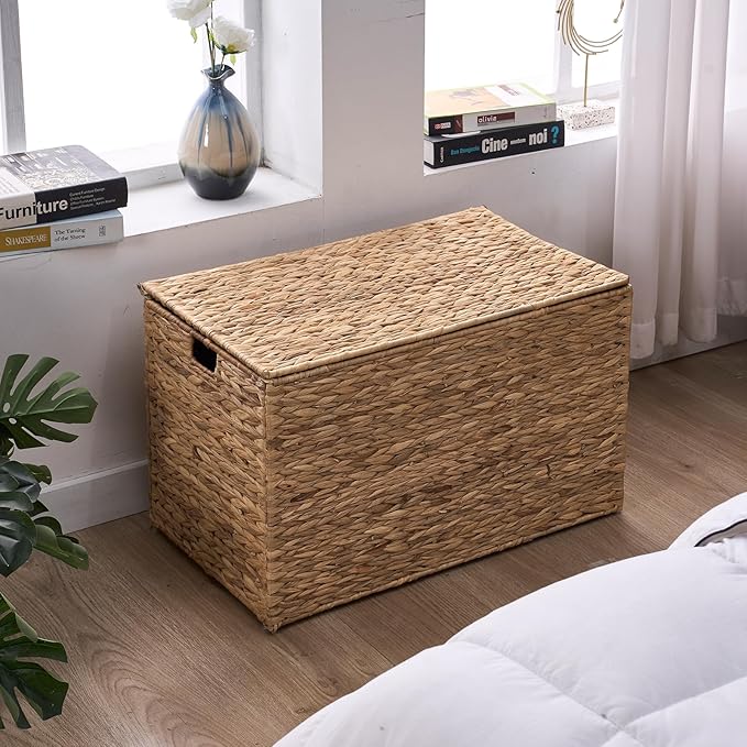 Water Hyacinth Storage Basket with Lid, 52.8 Gallon (200L) Wicker Storage Trunk with Handles, Handwoven Large Wicker Storage Basket for Blanket, Foldable, for Living Room, Bedroom, Natural
