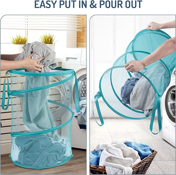Seiritex Mesh Popup Laundry Hamper 115L Collapsible Laundry Basket No Lid Extra Large Capacity Foldable Clothing Storage Basket with Handles 26 H x 18 W x 18 L (Turquoise Blue)