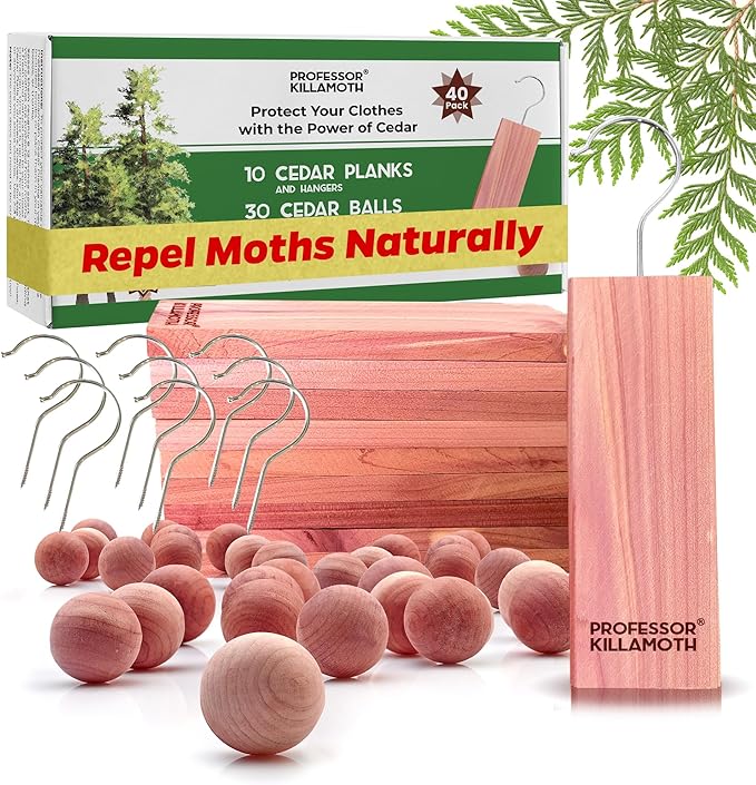 Cedar Blocks and Balls for Clothes Storage 40 Pack - Stop Clothes Damage - 10 Fresh Planks and Hangers Plus 30 Cedar Balls to Protect Your Clothing