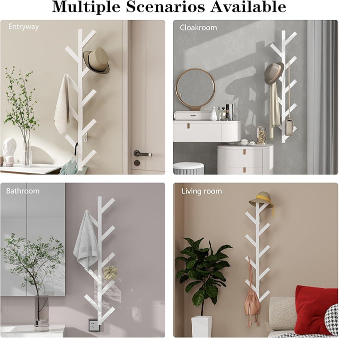Coat Rack Wall Mounted - 9 Hooks, Coat Hooks for Wall, Modern Metal Coat Tree for Hats, Jackets, Bags, Entryway Bedroom-White (Height 37.8")