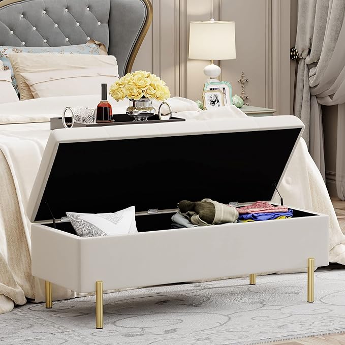Andeworld Velvet Storage Bench, Modern Bedroom Bench, Upholstered Tufted Large Settee Ottoman with Storage Bench for Bedroom,Living Room,Entryway, Ivory