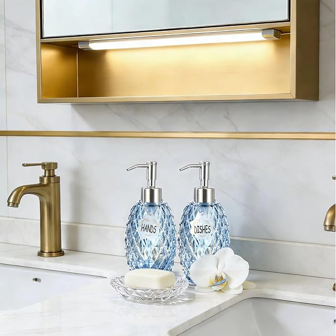 MALACHI Soap Dispenser Set, Crystal-Textured Diamond Glass with Rustproof Stainless Steel Pump, Dual-Labelled Hand & Dish Soap Dispenser for Kitchen & Bathroom