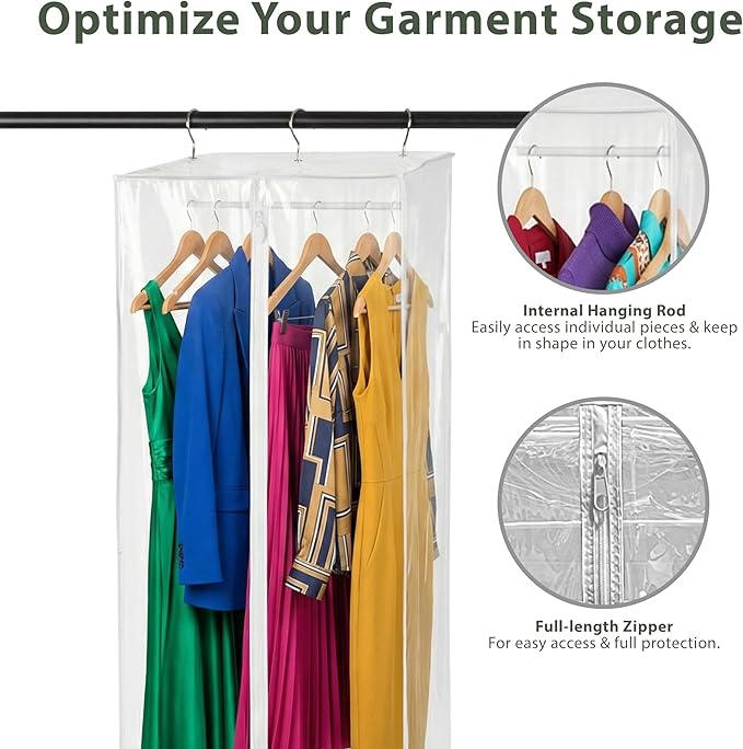 Garment Bag - Clear Hanging Closet Organizer - Durable Zippered Cover with Rod Protects Dresses, Suits, and Jackets from Dust and Moist- Top Metal Frame to Keep All Your Stuff in Shape- 42" x 20" x 15