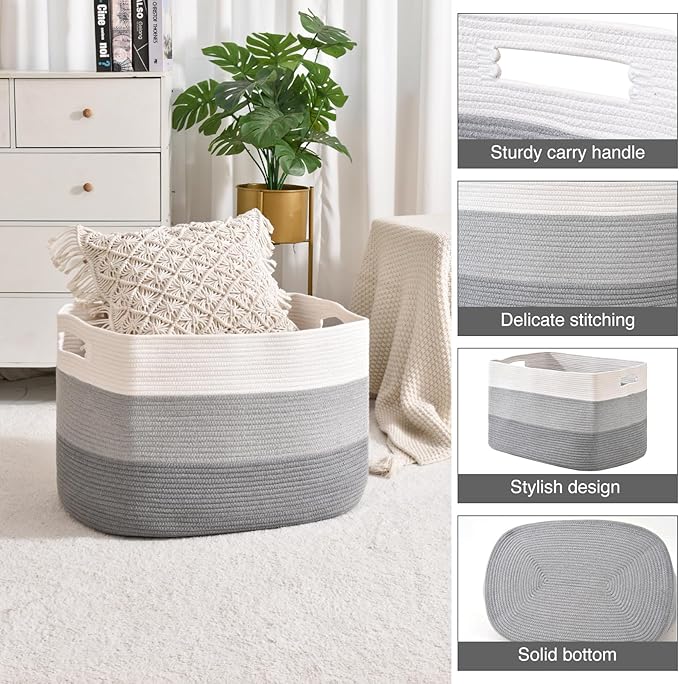 Extra Large Blanket Basket Living Room, Rectangle Storage Basket, Large Woven Baskets for Storage, Cotton Rope Basket for Toys, Clothes, Gradient Grey - 25”x16”x16” (105L)