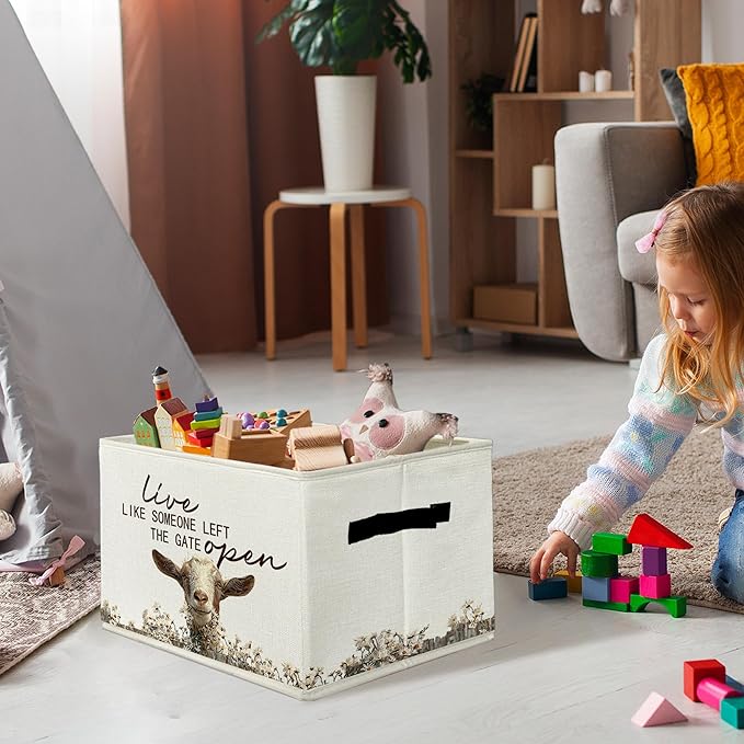 Rustic Goat Storage Bins & Boxes with Handles, Farmhouse Goat Foldable Basket for Organizing, Live Like Someone Left the Gate Open Collapsible Storage Basket for Bedroom Bathroom Clothes Toys