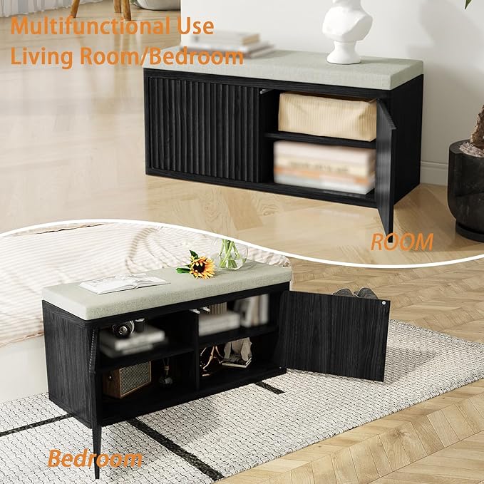 Double Layered Shoe Cabinet with Bench,Wooden Shoe Bench with Soft Cushion,Double Door without Handle Pressing Spring,Fluted Panel,Suitable for Entrance,Corridor and Living Room (Shoe Bench-Black)