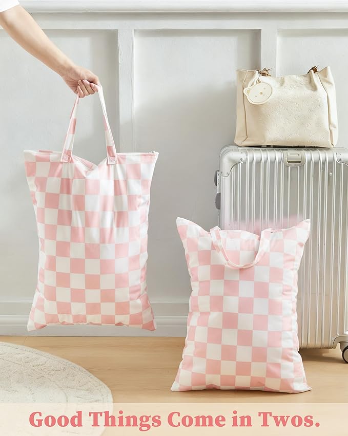 Pink Checkered 2 Pcs Large Travel Laundry Bags for Dirty Clothes, Aesthetic Trendy Waterproof Washable Laundry Bag with Handle for Girls Women, Travel, Gym, Swimming Pool