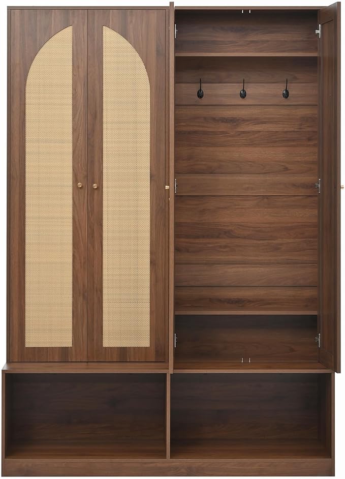 Bohemian Farmhouse Widen Hall Tree with 4 Rattan Doors, Versatile 4-in-1 Hall Tree, Mid-Century Entryway Shoe Cabinet with Adjustable Shelf and 6 Hooks, Seating Bench for Living Room