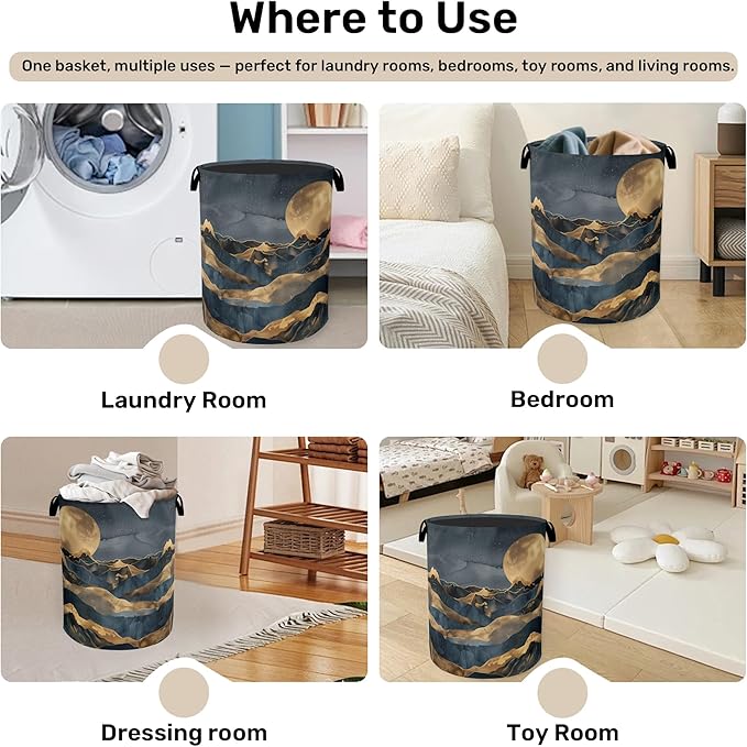 Golden Mountain Moon Laundry Basket with Handles - Extra Large Foldable Hamper for Bathroom/Laundry/Bedroom/Dorm, Washable Fabric Storage Bin