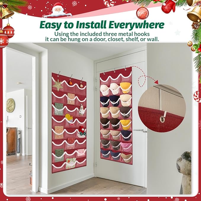LoforHoney Hat Organizer for Baseball Caps, Over The Door Hat Rack with 24-Pocket, 3 Hooks, Christmas Organizer for Santa Hats, Stockings, Gifts, Festive Red with White Fluffy Trim-Ideal Holiday Gift