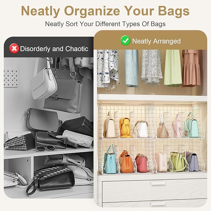 Sonyabecca Purse Storage Organizer for Closet : Adjustable 2-Pack Dividers Handbag Organizer - Stackable Wire Handbags Storage Baskets -Open Cabinets Wallets Tote Chain Bags Clutches -White