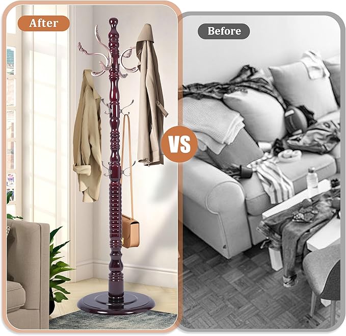 Free Standing Coat Rack with 14 Hooks, Vintage Wooden Coat Tree, Adjustable Height 73 Inches, Retro Coat Stand for Entryway, Living Room, Office & Bedroom (Mahogany) (Metal, 1 PCS)