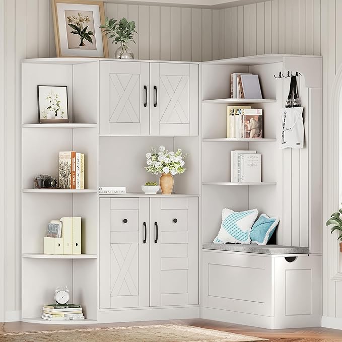 66" H Hall Tree with 4 Hooks, Open Shelving and Flip Hidden Shelf, Multifunctional Left-Right Combination Coat Rack (can be Used Separately), Entryway Bench for Living Room, Hallway