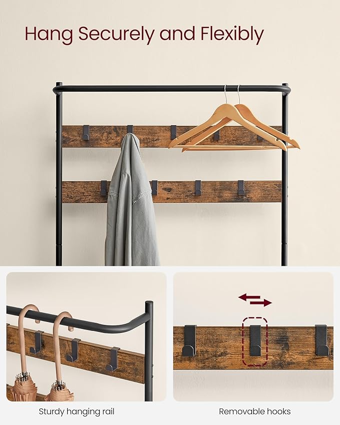 VASAGLE Hall Tree with Bench and Shoe Storage, Entryway Bench with Coat Rack Stand and Shoe Rack, 9 Movable Hooks, Top Bar, Fabric Shelves, Industrial, Rustic Brown and Black UHSR421B01