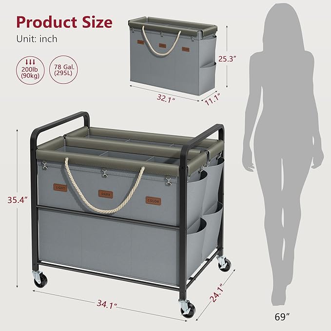 Tajsoon 295L Extra Large Laundry Cart 6 Section, Heavy Duty Laundry Sorter with Lockable Wheels, Laundry Basket with Sturdy Metal Frame, Leather Patchwork Laundry Separated with Removable Bags, Grey