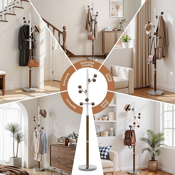 Coat Rack Freestanding, Metal Coat Tree with 9 Rubber Wood Hooks, Heavy Duty Coat Hanger Stand with Marble and Stainless Steel Base, Standing Hall Tree for Clothes, Hats, Bags, Jacket