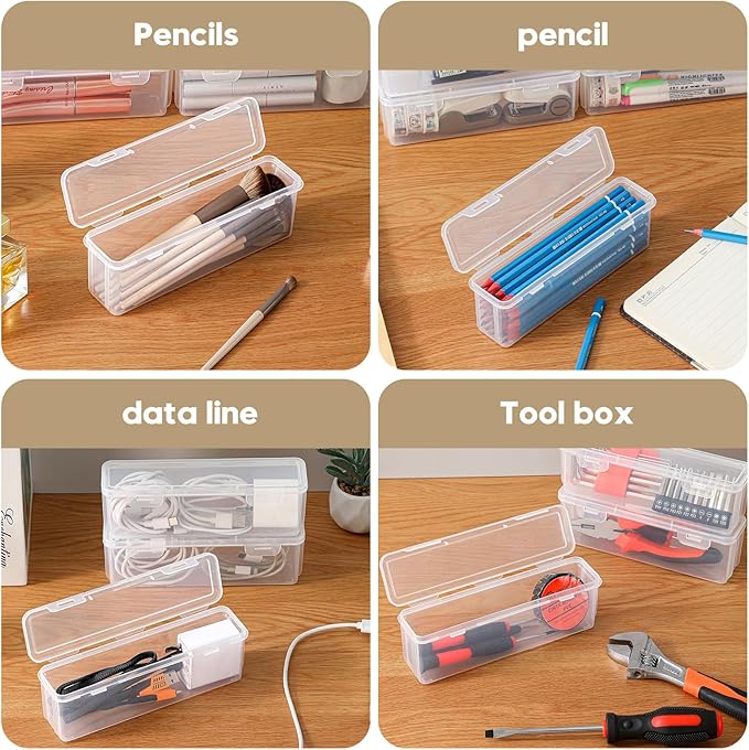 10 Pack Clear Plastic Pencil Case Boxes - Narrow Stackable Storage Organizers with Snap Lids for Pens, Markers, Makeup Brushes, Art Supplies, Beads, Jewelry, School Office Use, Rectangular Narrow