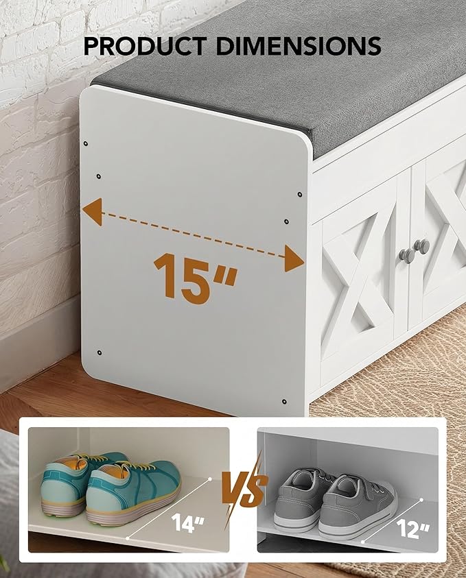 Amada Shoe Storage Bench with Cushion, 47.2" Long Entryway Bench with Lift Top Storage, 4-Door Shoe Bench with Adjustable Shelves, 300 lb Capacity for Entryway, Bedroom, Living Room, Classic White